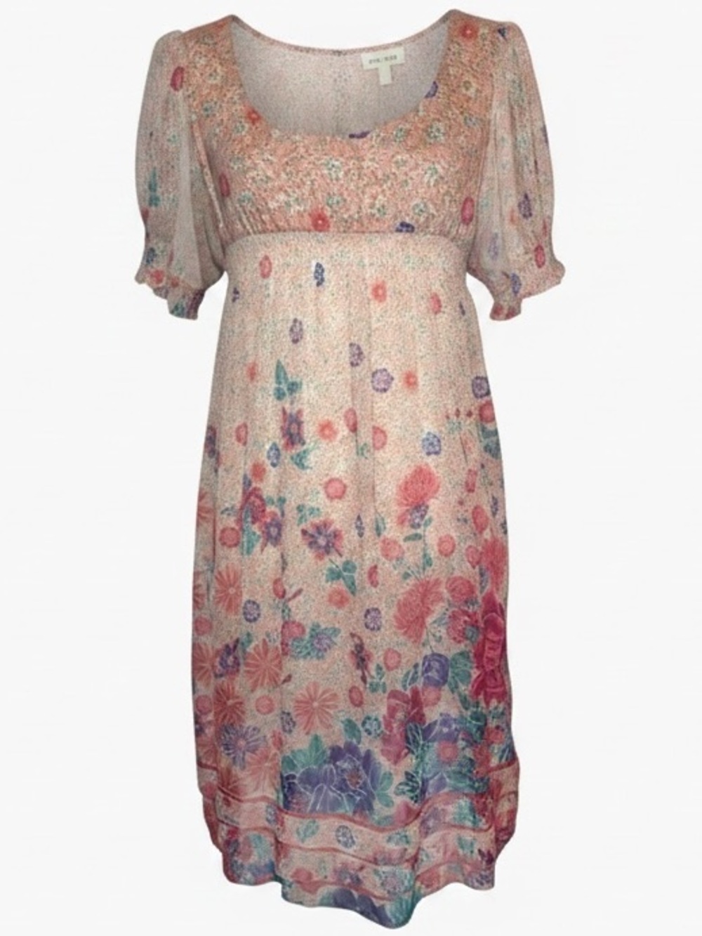 BEIGE BY ECI Floral Mini Dress with Tiered Hem and Empire Waist PNK/BLU Size 10
